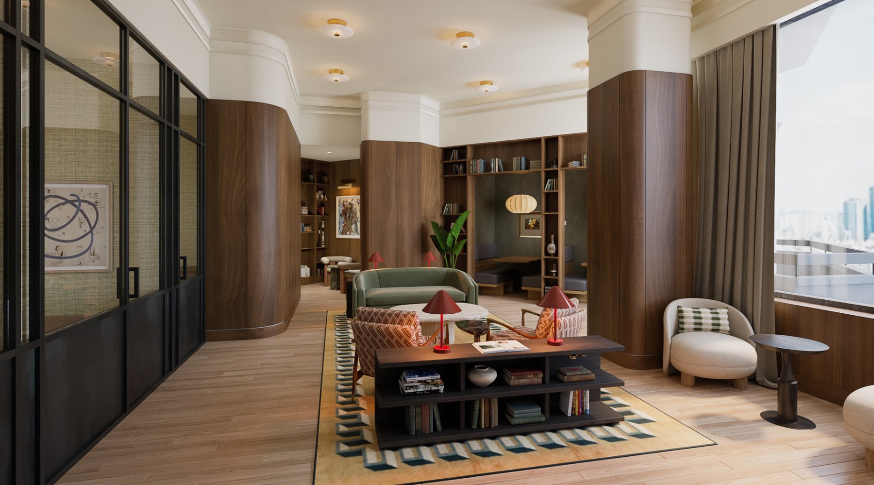a clubroom with a couch, tables and chairs