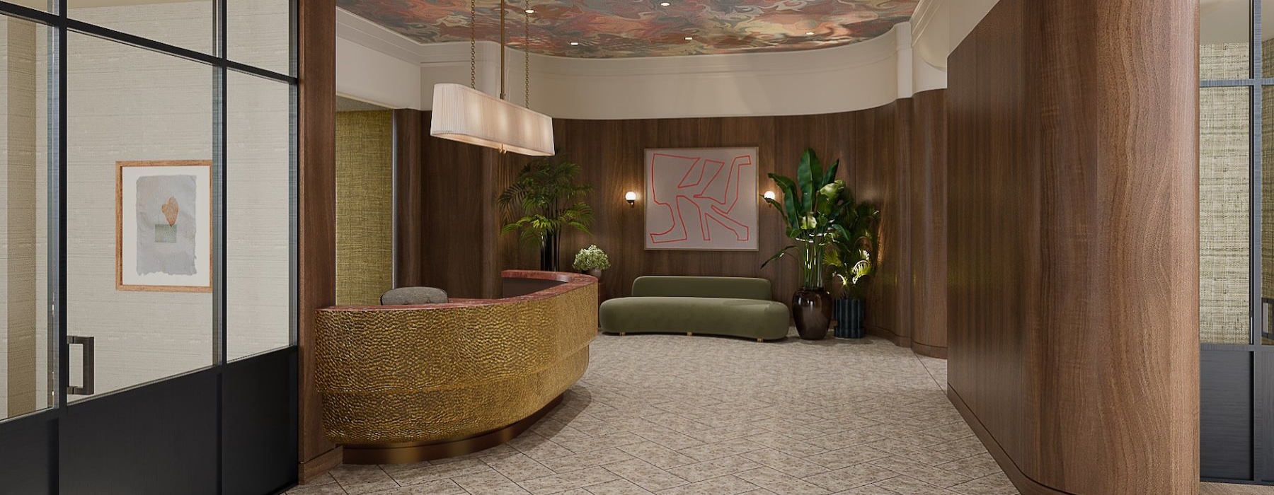 a reception area with a front desk and a couch
