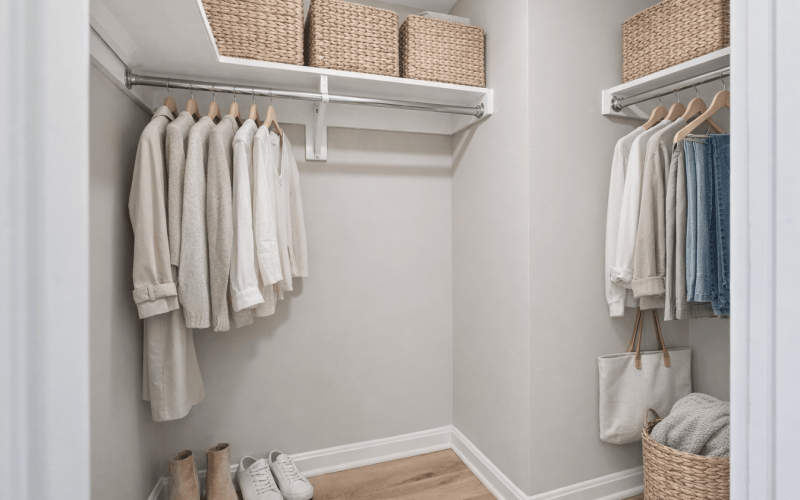 Spacious closet with custom built-in shelving at Huxley Apartments in National Landing, Arlington, VA